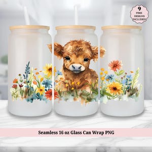 Highland Cow 16oz Wrap PNG, Summer Flowers Frosted Glass Can Wrap Sublimation Design, Watercolor Floral Libbey Cup PNG, Cute Animal PNG