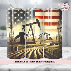 Oil Field Tumbler 20 Oz Tumbler Wrap, Oil Rig Worker, Oilfield Pump Jack, American Flag Seamless Sublimation Design PNG, Digital Download