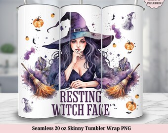 Resting Witch Face Seamless 20 oz Skinny Tumbler Sublimation Design, Halloween Tumbler Wrap, 20oz Tumbler Wrap, PNG Instant DIGITAL ONLY