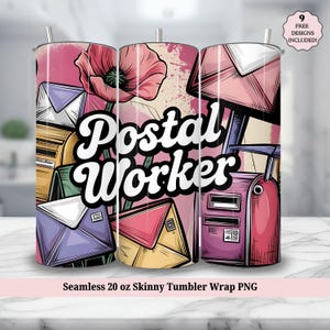 Emballage de gobelet de postier PNG - mignon postier rétro collage de timbres lettre 20 oz gobelet maigre sublimation Design - téléchargement numérique