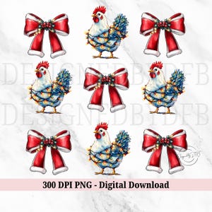 Puede incluir: Una descarga digital de seis ilustraciones con temática navideña que representan a un pollo blanco con luces azules y blancas envueltas a su alrededor y un lazo rojo con ribete blanco. Las ilustraciones son perfectas para crear manualidades navideñas, tarjetas y decoraciones.