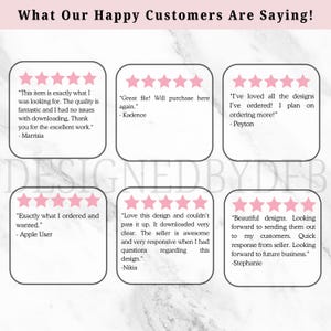 May include: Five customer reviews with five-star ratings. Each review is in a white box with a pink star rating and a quote from the customer. The reviews are positive and highlight the quality of the products and the seller's responsiveness.