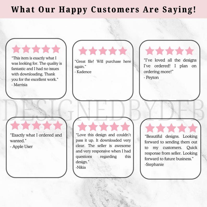 May include: Five customer reviews with five-star ratings. Each review is in a white box with a pink star rating and a quote from the customer. The reviews are positive and highlight the quality of the products and the seller's responsiveness.
