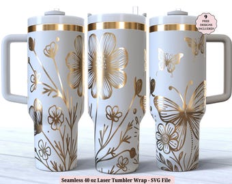 Wildflowers Laser Tumbler Wrap SVG for Laser Rotary, Dragonfly Floral Engraved Full Wrap for 40oz Cup, Seamless Design, Digital Download
