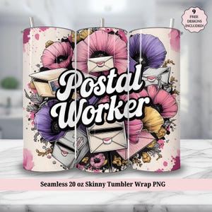 Emballage de gobelet de travailleur des postes PNG - mignon floral postier lettre timbre collage 20 oz gobelet maigre sublimation Design - téléchargement numérique