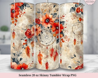 Floral Dreamcatcher Tumbler Wrap PNG Template, Vintage Retro Boho Flowers Feathers Design 20oz Skinny Sublimation, Digital Download