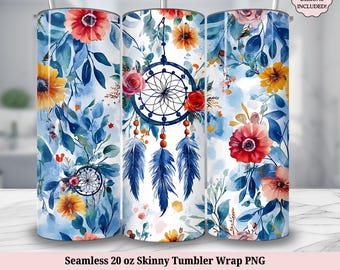 Floral Dreamcatcher Tumbler Wrap PNG Template, Vintage Retro Boho Flowers Feathers Design 20oz Skinny Sublimation, Digital Download