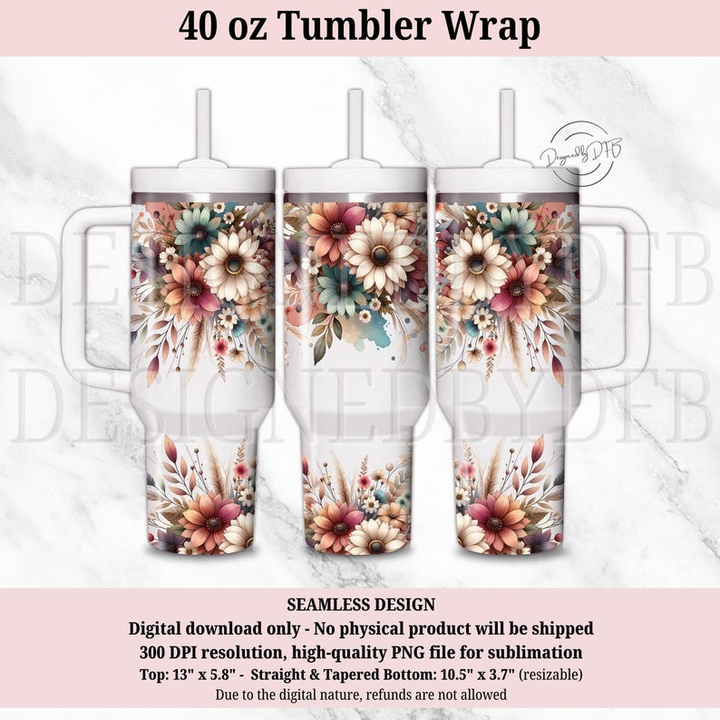 May include: White 40 oz tumbler wrap featuring a floral design with cream, burgundy, and teal flowers. The tumbler has a handle and a white lid with a straw. The text "40 oz Tumbler Wrap" is at the top.