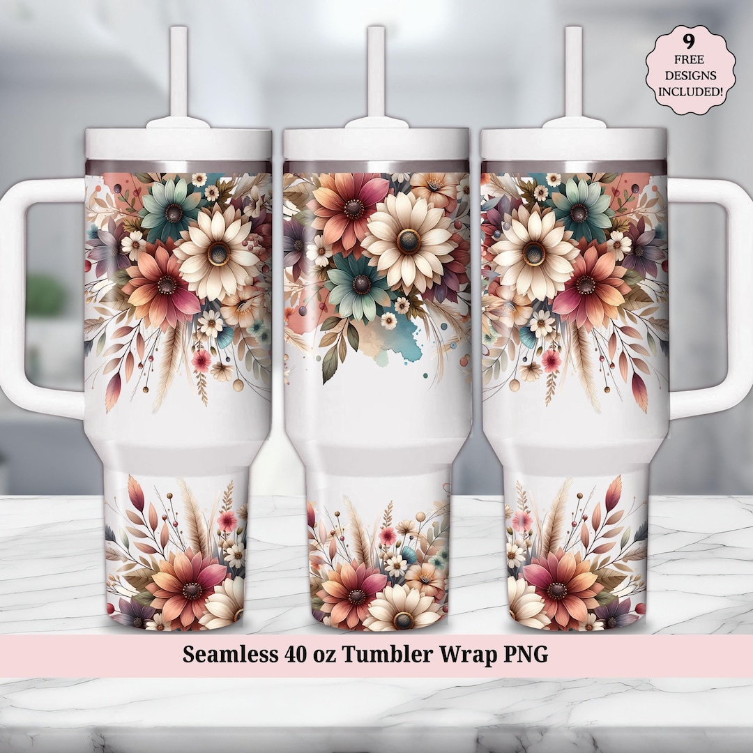 Boho Flowers 40oz Tumbler Wrap, Seamless Floral 40oz Quencher Tumbler ...