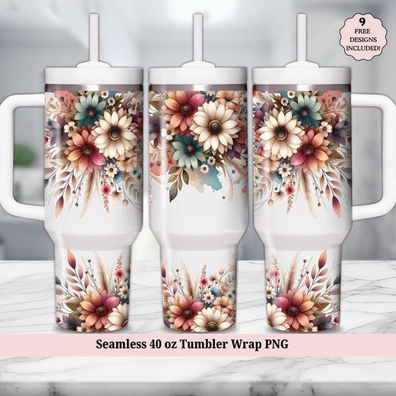 Boho Flowers 40oz Tumbler Wrap, Seamless Floral 40oz Quencher Tumbler, Retro Vintage Flower PNG, Sublimation Design Instant Digital Download