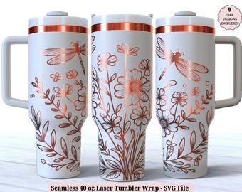 Floral Dragonfly Laser Wrap SVG for Laser Rotary, Sunflower Dragonflies Engraved Full Wrap 40oz Tumbler, Seamless Design Digital Download