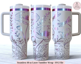 Poppy Flower Dragonfly Laser Wrap SVG for Laser Rotary, Floral Dragonflies Engraved Full Wrap 40oz Tumbler, Seamless Design Digital Download