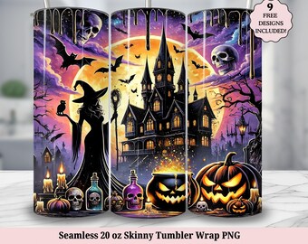 Halloween spökhus häxa höst tumbler wrap, 20oz smal tumbler sublimeringsdesign, läskiga säsongen fladdermöss wrap PNG digital nedladdning