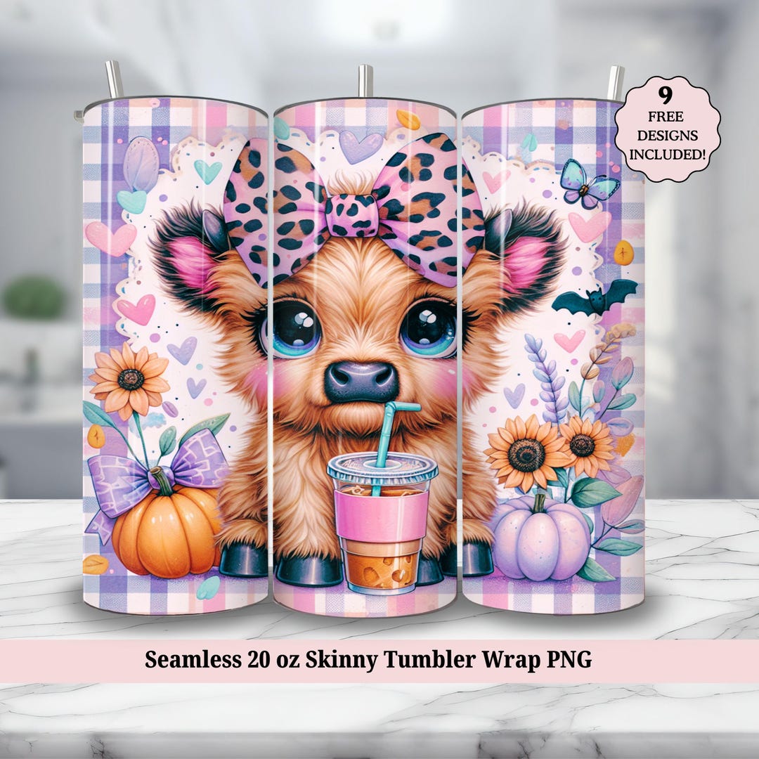Halloween Highland Cow Tumbler Wrap PNG, Cute Baby Cow Iced Coffee 20oz ...