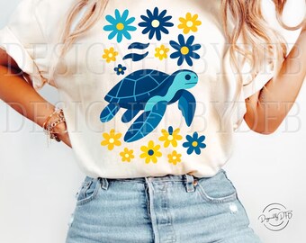 Meeresschildkröte PNG, Retro Blumen Schildkröte Clipart, niedliche Ozeantier Sublimation, Sommer Strand Ästhetische Kunst, sofortiger digitaler Download