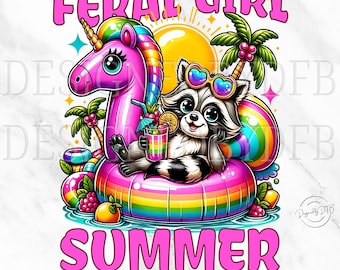 Feral Girl Summer Raccoon PNG, Cute Funny Meme Raccoon Clipart, Trendy Summer Beach Tshirt Sublimation Design, Digital Download for Girls