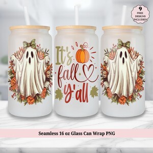 Autumn Fall Pumpkin Ghost 16oz Glass Cup Wrap PNG, It&#39;s Fall Yall Retro Flower 16 oz Can Wrap, Floral Pumpkin Sublimation Digital Download