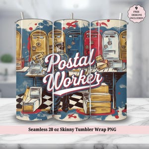 Emballage de gobelet de postier PNG - mignon postier rétro collage de timbres lettre 20 oz gobelet maigre sublimation Design - téléchargement numérique