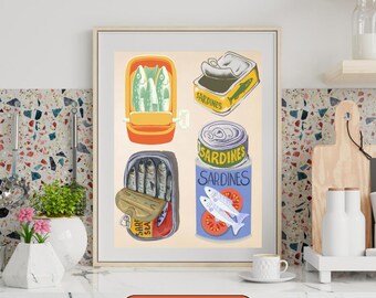 Sardine Print, Kitchen Wall Art, Sardines Tin Print, Dining Room Decor, Retro Food Art, Retro Kitchen Decor, Italian Food Poster Digital Art