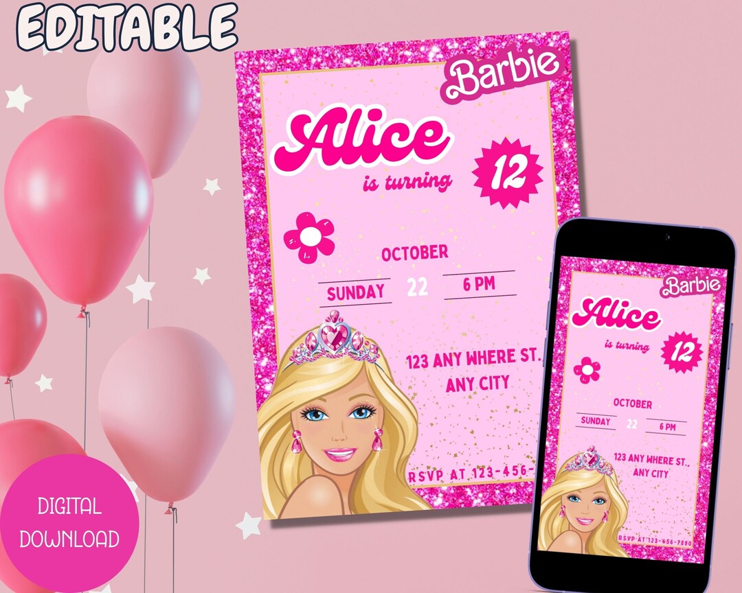 Editable Barbie Invitation Doll Party Invitation Pink Etsy