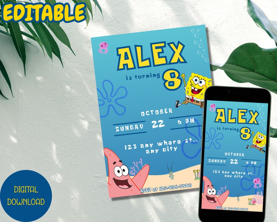 Editable Spongebob Birthday Invitation Template Printable Etsy