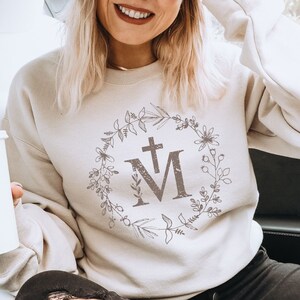 Miraculous Medal Sweatshirt, Virgin Mary Catholic Shirt Gifts for Women, Trendy Marian Cross Shirts, Unique Confirmation Gift Idea for Girls