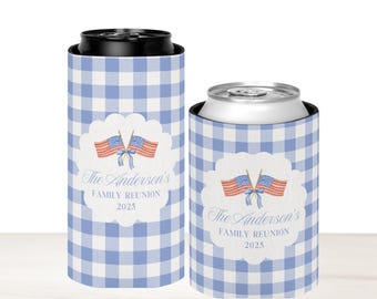 Personalized 4th of July Can Coolers, Cute Custom Fourth of July Family Reunion Party Favors, Preppy Coquette BBQ Party Decor Drink Holders