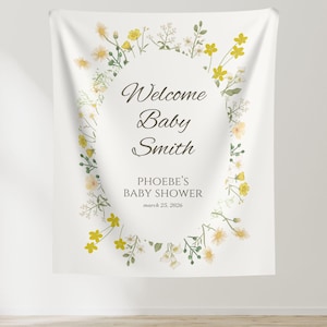 Estandarte personalizado de baby shower de color amarillo claro, decoración de letrero de baby shower floral personalizado, pancartas de fondo de fotos con espolvorear para bebés de género neutro BY26