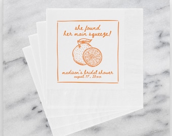 Personalized Napkins for Bridal Shower, She Found Her Main Squeeze Luncheon and Cocktail Napkins, Citrus Wedding Paper Beverage Napkin, BS52
