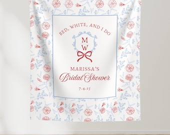 4th of July Bridal Shower Banner, Coquette Bow Red White and I Do Decor, Personalized Floral Fourth of July Party Fabric Tapestry Decoration