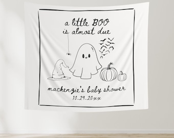 Halloween Baby Shower Banner, Custom Whimsical Baby Shower Sign Decor, Personalized A Little Boo Is Almost Due Photo Backdrop Banners, BY22