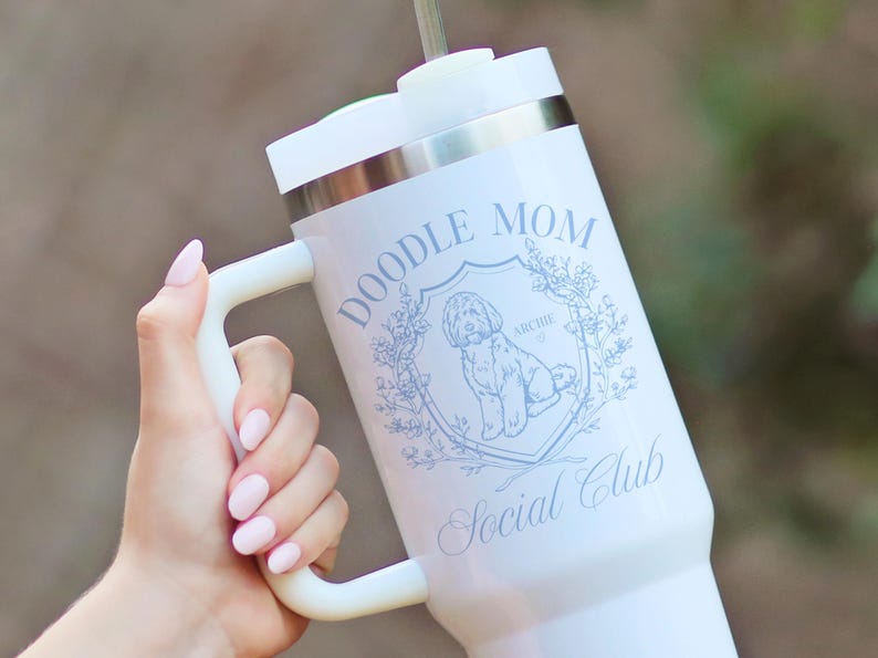 Doodle Mom Tumbler Gift, Personalized Goldendoodle Mom Gift, Doodle Dog Gifts, Custom Doodle Mama 40 oz Travel Mug with Handle and Straw image 1