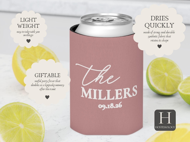 May include: A dusky pink can cooler with the text "The Millers" and the date 09.18.26 in white script. The cooler is around a silver can, with lemon and lime slices in the background.