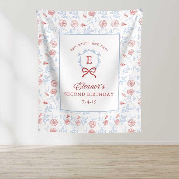Fourth of July 2nd Birthday Banner, Custom Girl Second Birthday Party Sign, Personalized Two Year Old Bday Photo Backdrop Wall Decoration