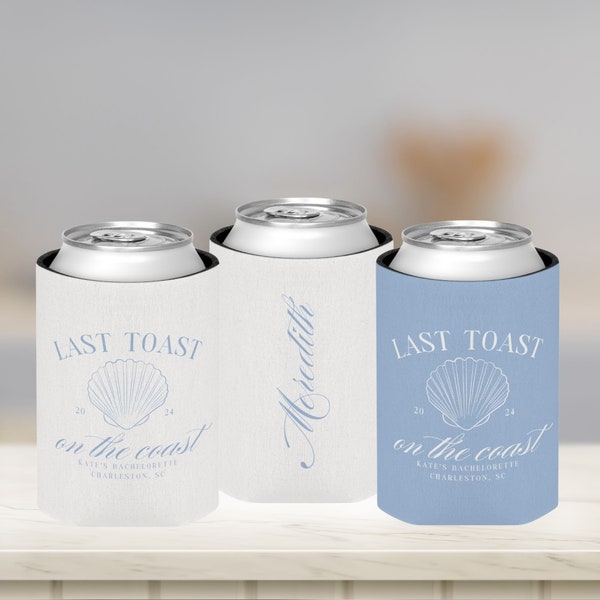 Last Toast On The Coast Beach Bachelorette Can Coolers, Personalized Girls Weekend Trip Favors with Name, Custom Can Cooler For Coastal Bach