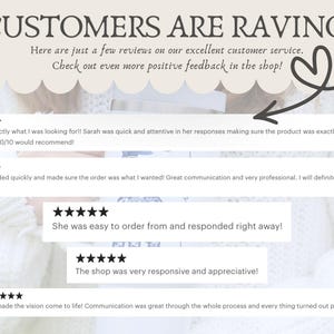 May include: Image with text "CUSTOMERS ARE RAVING!" and customer reviews. Reviews include phrases like "exactly what I was looking for" and "great communication." The image has a neutral color palette.