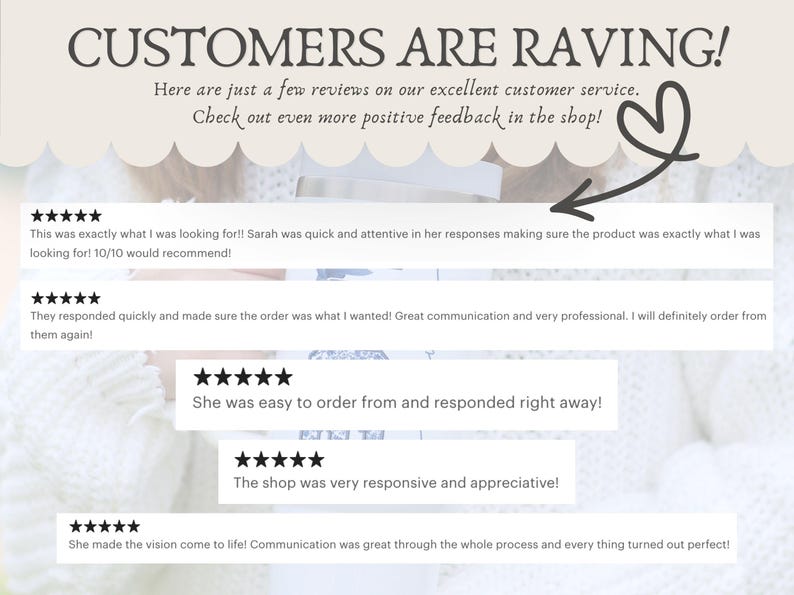 May include: Image with text "CUSTOMERS ARE RAVING!" and customer reviews. Reviews include phrases like "exactly what I was looking for" and "great communication." The image has a neutral color palette.