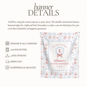 May include: Indoor wall tapestry with a floral pattern in red and blue. The tapestry has a white background and features text that reads "Eleanor's Second Birthday" and "Red, White, and Two!"