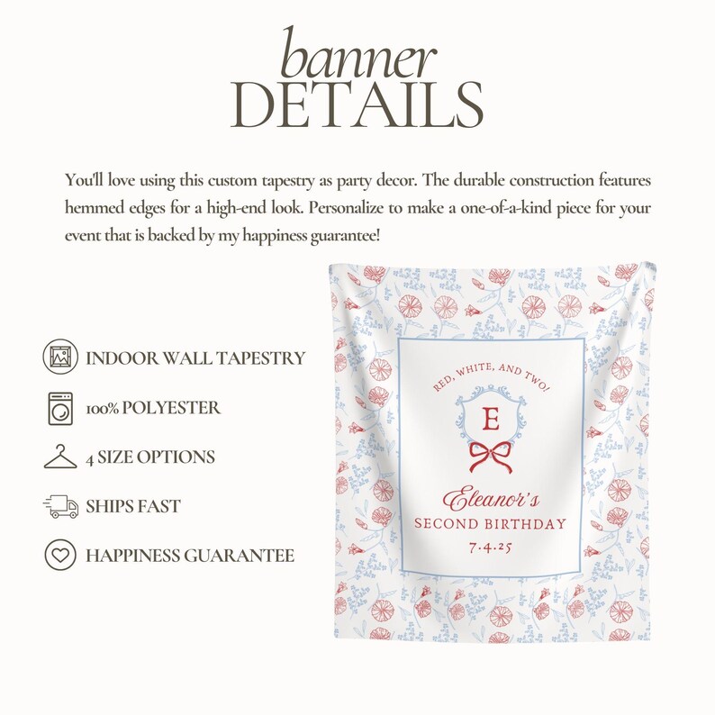 May include: Indoor wall tapestry with a floral pattern in red and blue. The tapestry has a white background and features text that reads "Eleanor's Second Birthday" and "Red, White, and Two!"