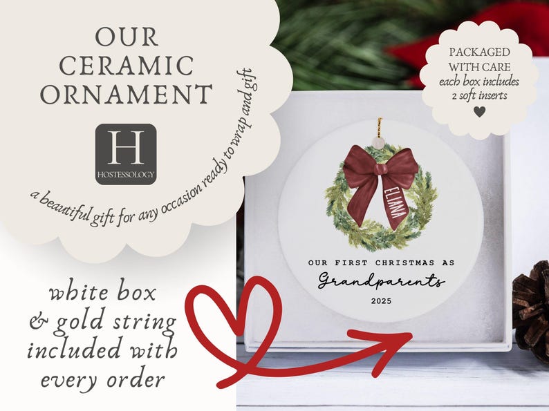 May include: A round white ceramic ornament featuring a watercolor green wreath with a deep red ribbon printed with the name Eliana. The text reads Our First Christmas as Grandparents 2025. The ornament is displayed inside a square white gift box.