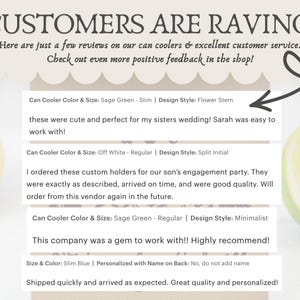 May include: Image features customer reviews for can coolers, with text overlayed on a light background. The reviews highlight positive experiences with the product and customer service. A lime slice is on the right side of the image.