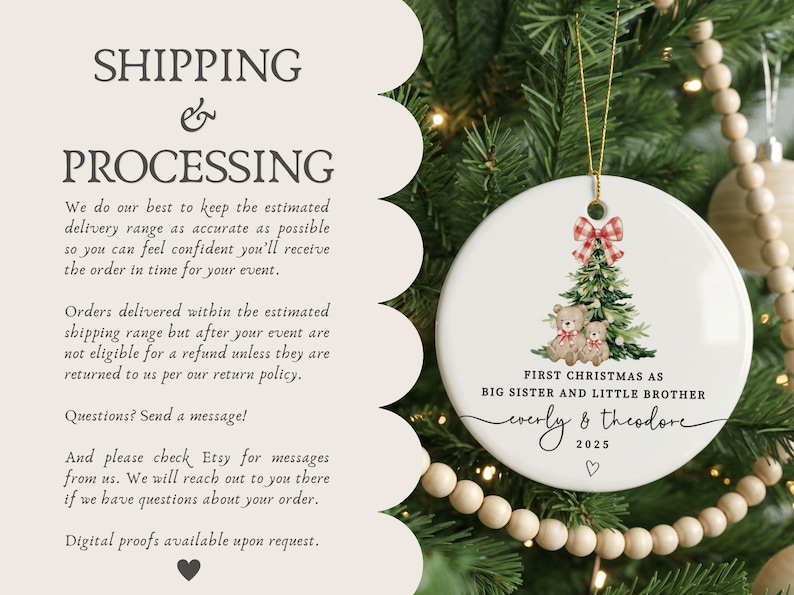 May include: A white ceramic Christmas ornament with a watercolor design of a Christmas tree, two teddy bears, and a red and white plaid bow. The text reads "First Christmas as Big Sister and Little Brother" with names and the year 2025.