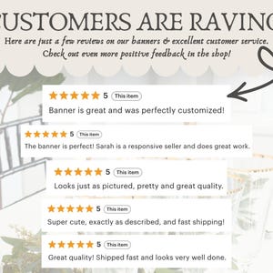 Op de afbeelding: Afbeelding met klantbeoordelingen met de kop "CUSTOMERS ARE RAVING!". Beoordelingen benadrukken bannerkwaliteit, maatwerk en klantenservice. Inclusief sterrenbeoordelingen en tekstfragmenten.