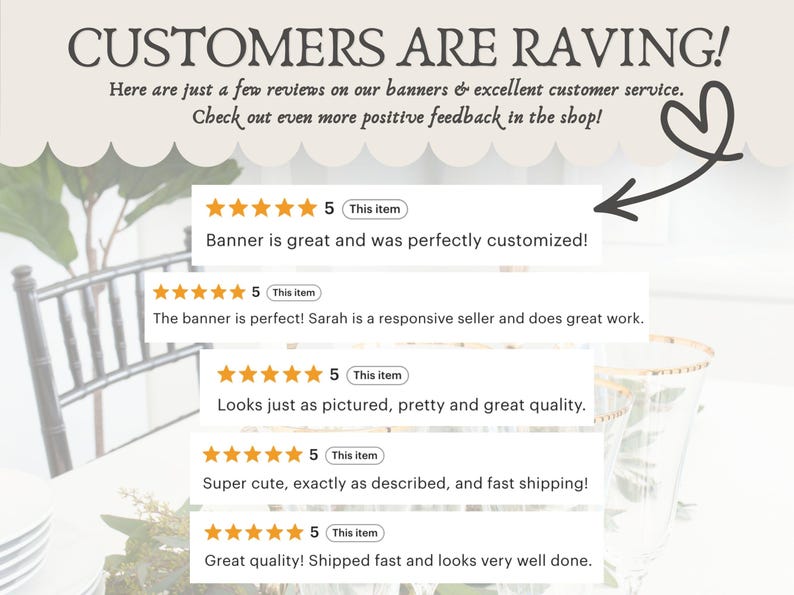 Op de afbeelding: Afbeelding met klantbeoordelingen met de kop "CUSTOMERS ARE RAVING!". Beoordelingen benadrukken bannerkwaliteit, maatwerk en klantenservice. Inclusief sterrenbeoordelingen en tekstfragmenten.