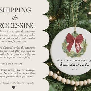 May include: A round white ceramic ornament featuring a watercolor green wreath with a large red bow. The name ELIANA is printed on the bow. Below the wreath, the text reads OUR FIRST CHRISTMAS AS Grandparents 2025 in black lettering.
