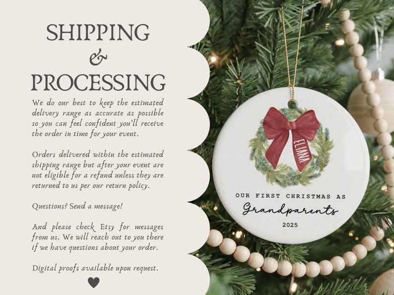 May include: A round white ceramic ornament featuring a watercolor green wreath with a large red bow. The name ELIANA is printed on the bow. Below the wreath, the text reads OUR FIRST CHRISTMAS AS Grandparents 2025 in black lettering.