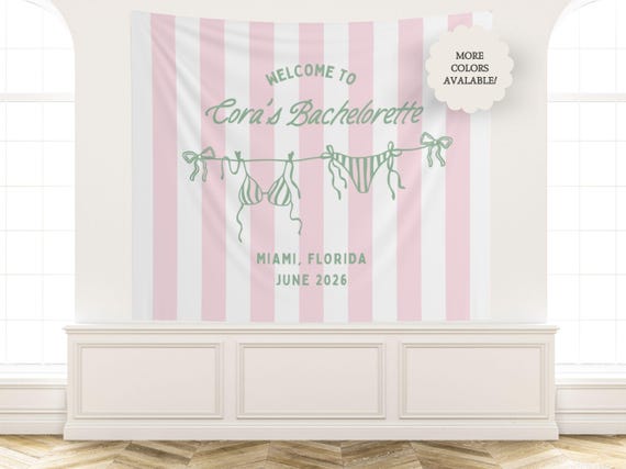 Striped Welcome To Bachelorette Banner, Personalized Bikini Bachelorette Tapestry Decor