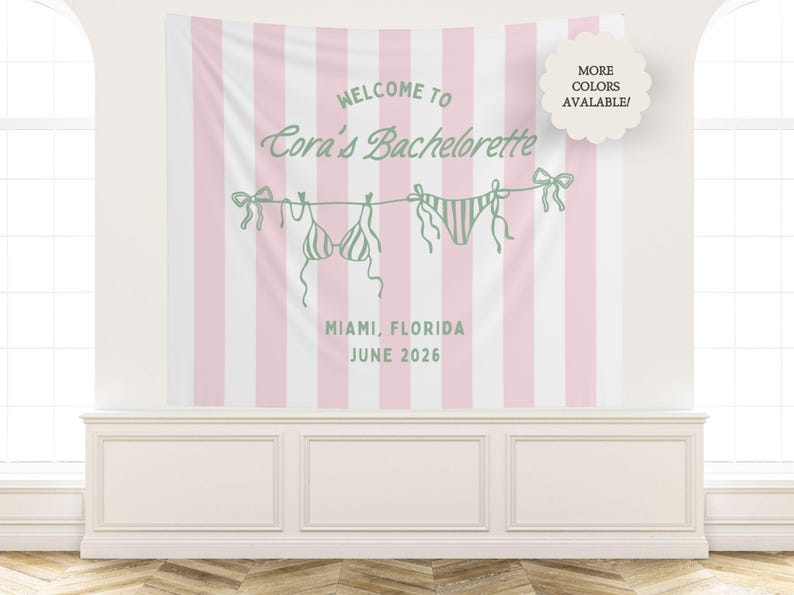 Striped Welcome To Bachelorette Banner, Personalized Bikini Bachelorette Tapestry Decor bild 1