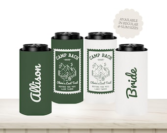 Camp Bachelorette Can Cooler for Camp Bach Party Favors, Camping Bachelorette Can Cooler Personalized, Custom Camp Bach Slim Can Holder