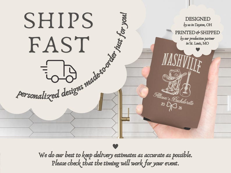 May include: A brown can cooler with a Nashville design, featuring a cowboy hat, boots, and guitar. The text reads "Allison's Bachelorette 2026". The image also includes text that says "SHIPS FAST" and "personalized designs made-to-order just for you!"